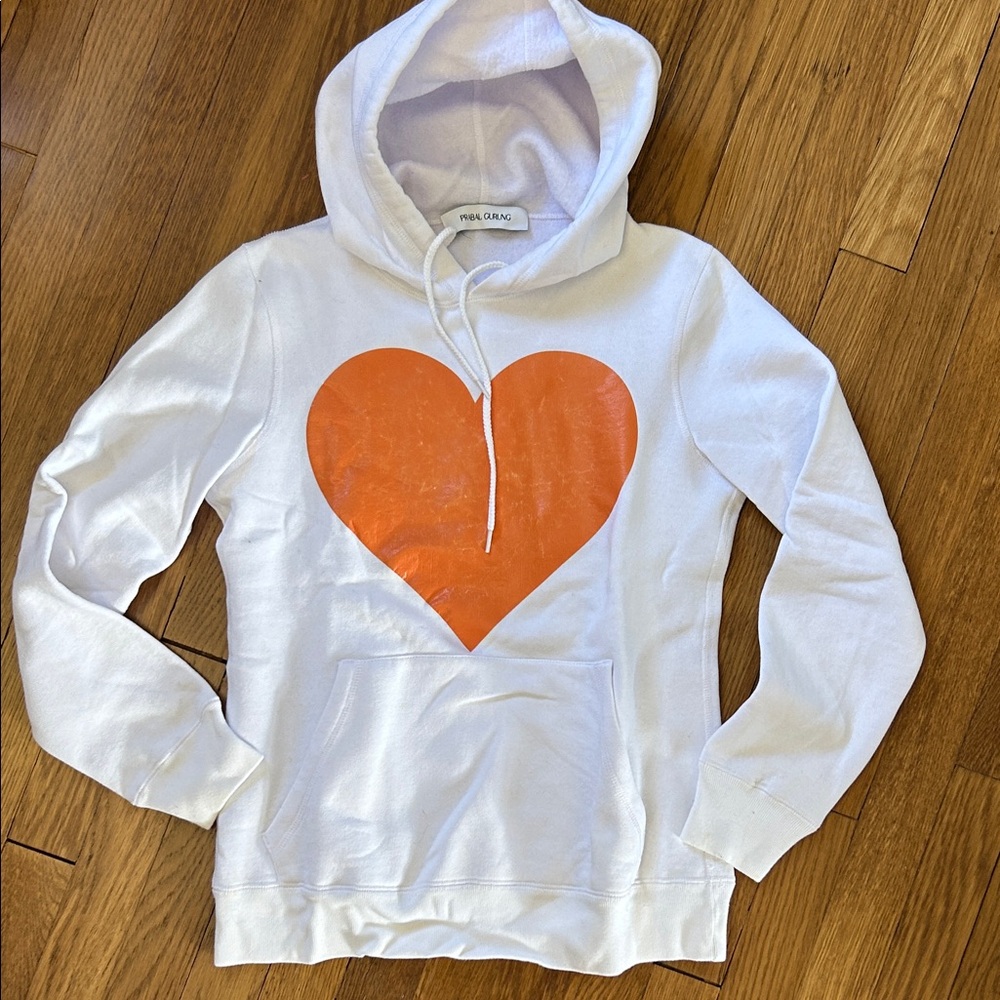Prabal Gurung White Hoodie Sweater with Orange Heart Graphic. Mastercard collab.